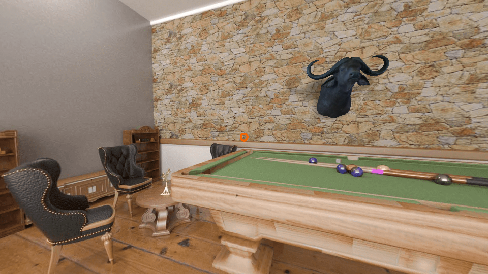 3D animation of room with pool table and wildebeest trophy on wall 