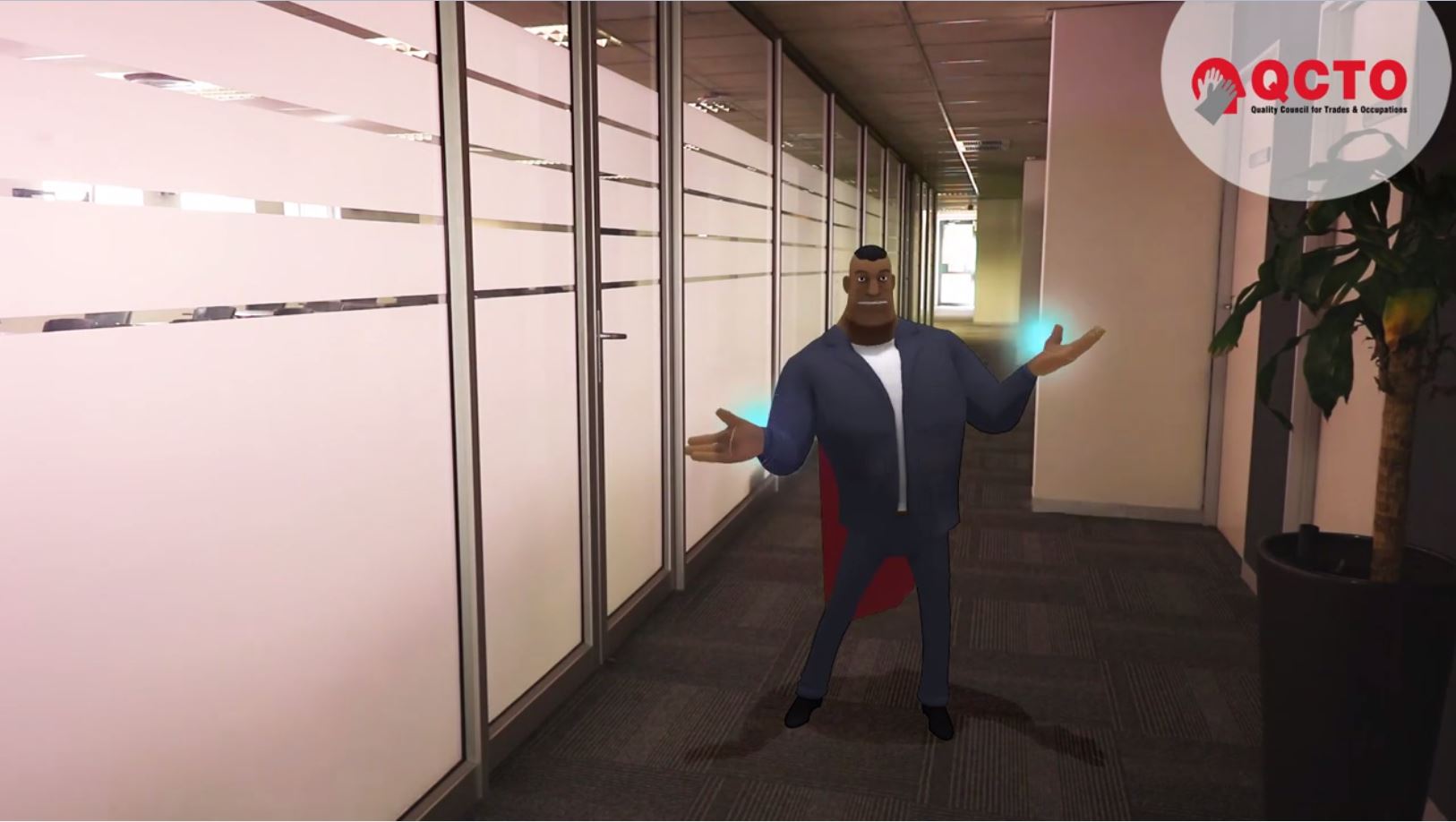 3D character animation explaining in corridor